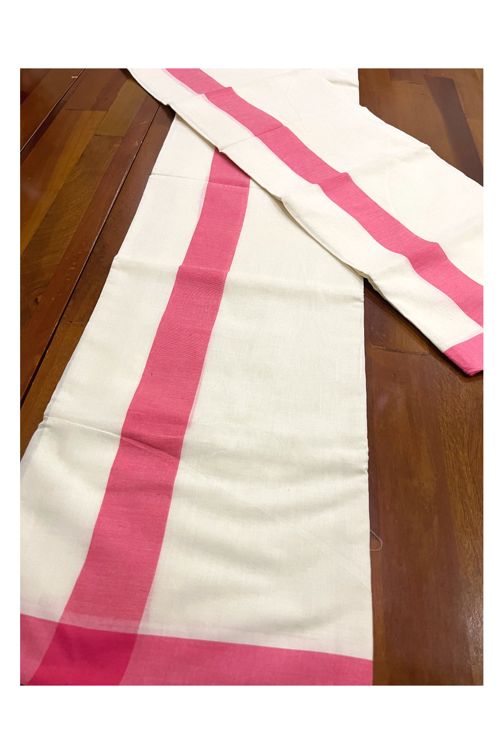 Kerala Cotton Mulloth Single Set Mundu (Mundum Neriyathum) with Pink Border (Extra Soft Cotton)