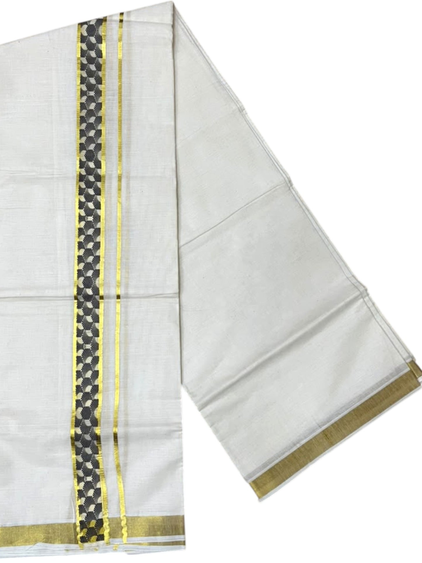 Southloom Pure Cotton Double Mundu with Blue Block Printed And Ksavu Border (South Indian Kerala Dhoti)