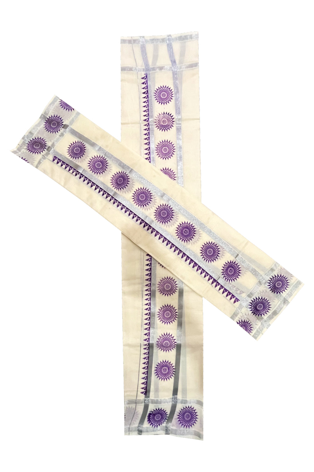 Kerala Pure Cotton Set Mundu Single (Mundum Neriyathum) with Violet Temple Block Prints on Silver Kasavu Border