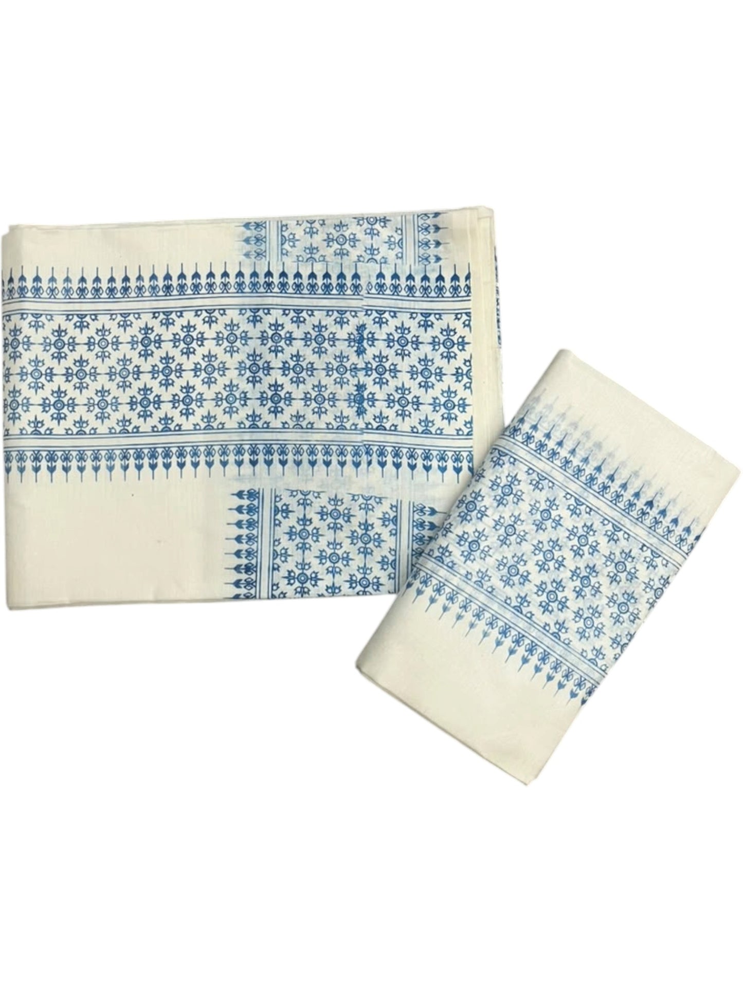 Southloom Kerala Cotton Set Mundu (Mundum Neriyathum) with Blue Floral Prints on Border-2.80Mtrs SL625