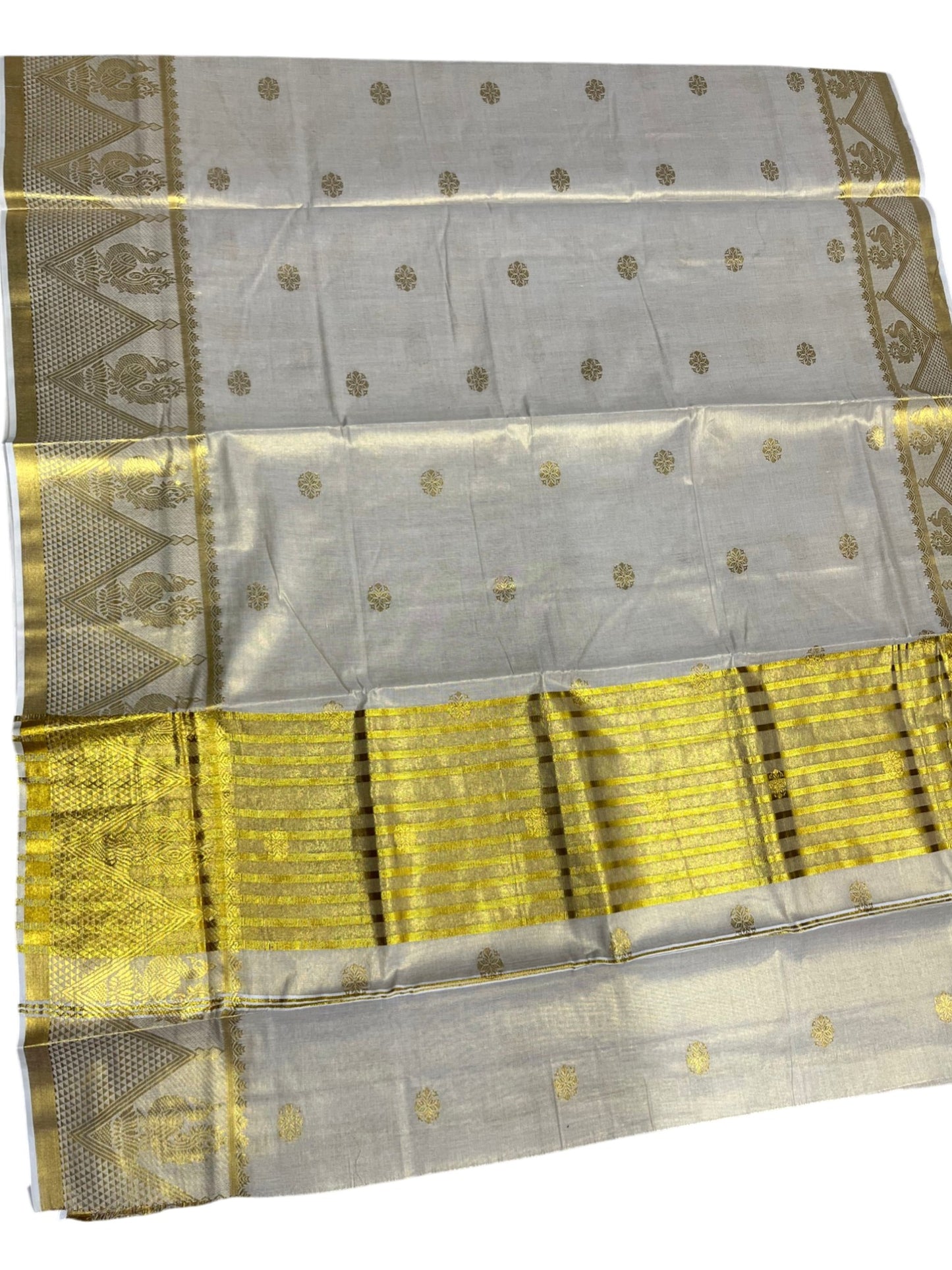 Southloom Tissue Kerala Kasavu Saree with Floral Woven Work on Body and Temple Border with Peacock Design