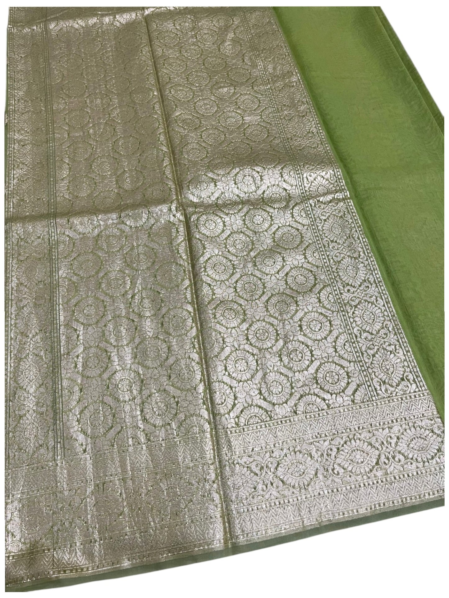 Southloom Cotton Banarasi Silk Saree with Woven Work on Body and Borders (Green)