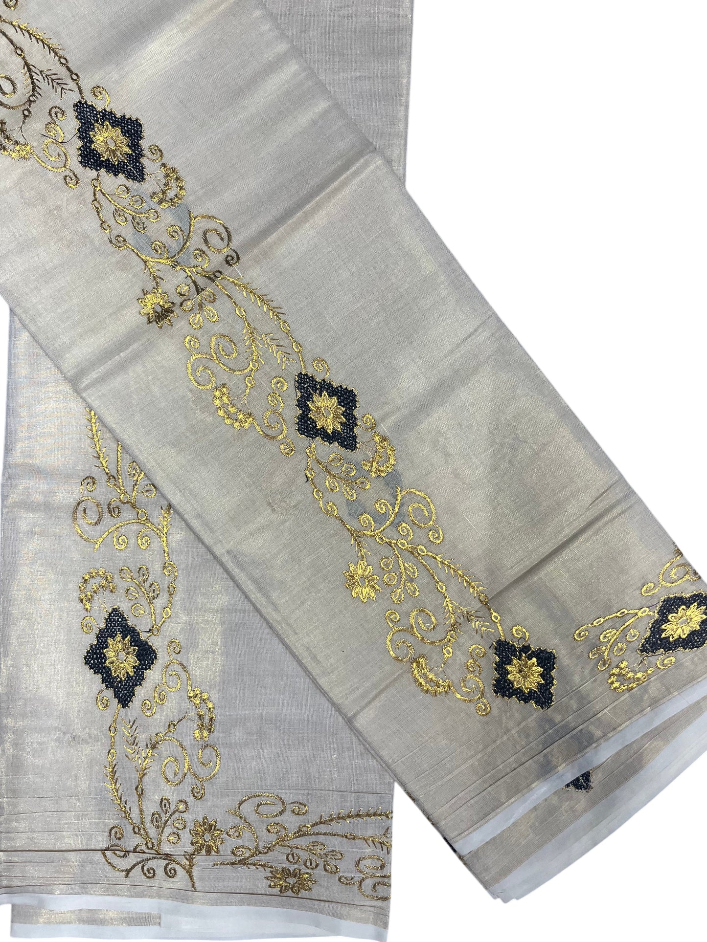 Southloom Kerala Tissue Kasavu Single Set Mundu (Mundum Neriyathum) Black and Golden Embroidery Work