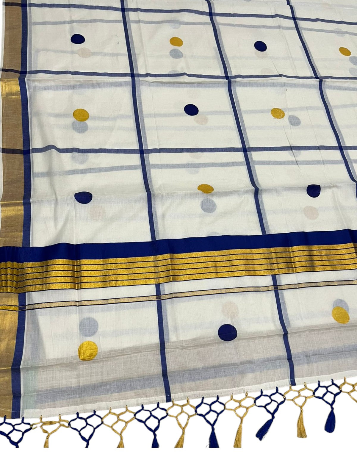 Southloom Kerala Cotton Kasavu Saree with Blue & Gold Polka Works on Body