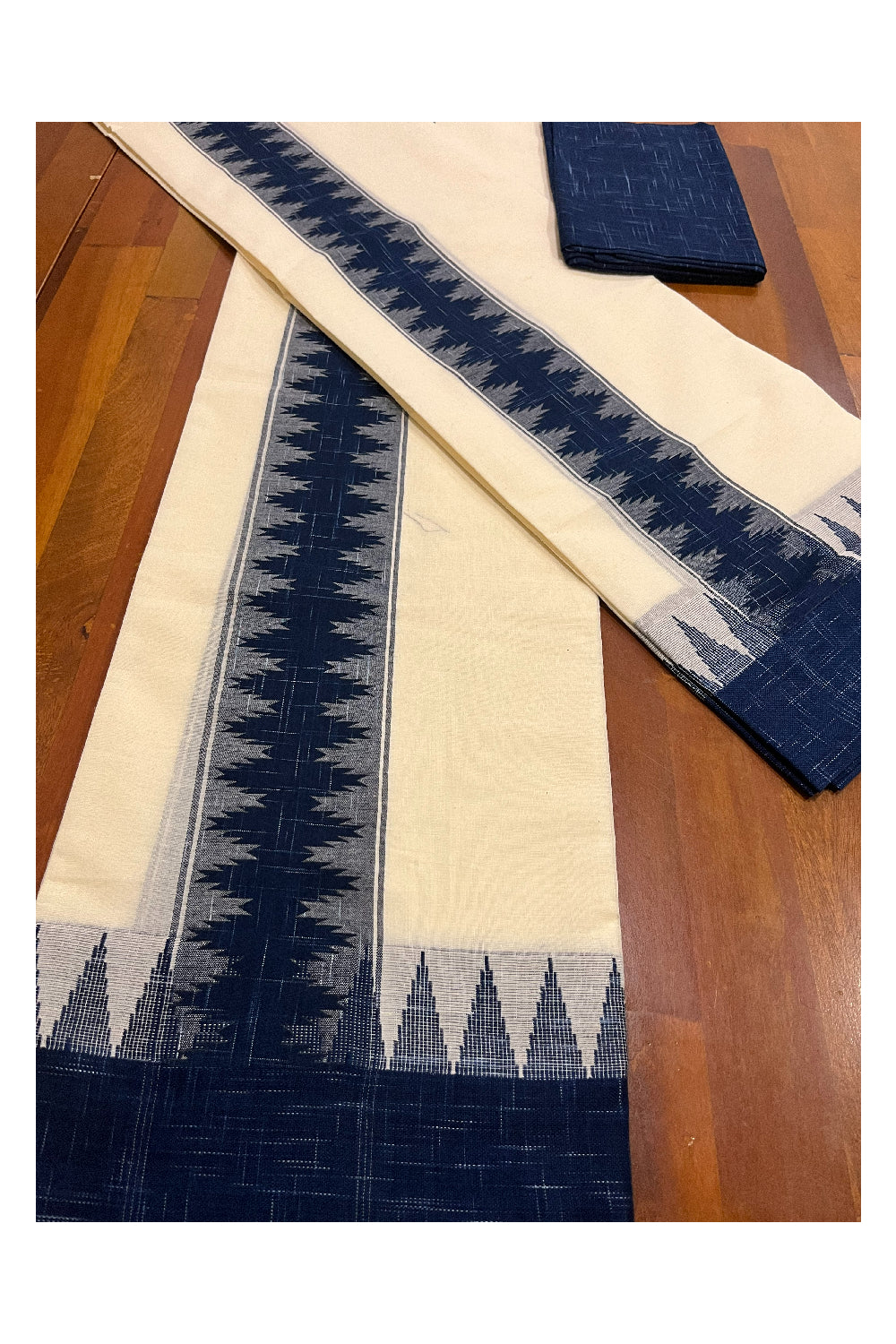 Southloom Pure Cotton Kerala Single Set Mundu with Blue Temple Block Prints and Seperate Blouse Piece (Onam Set Mundu 2023)