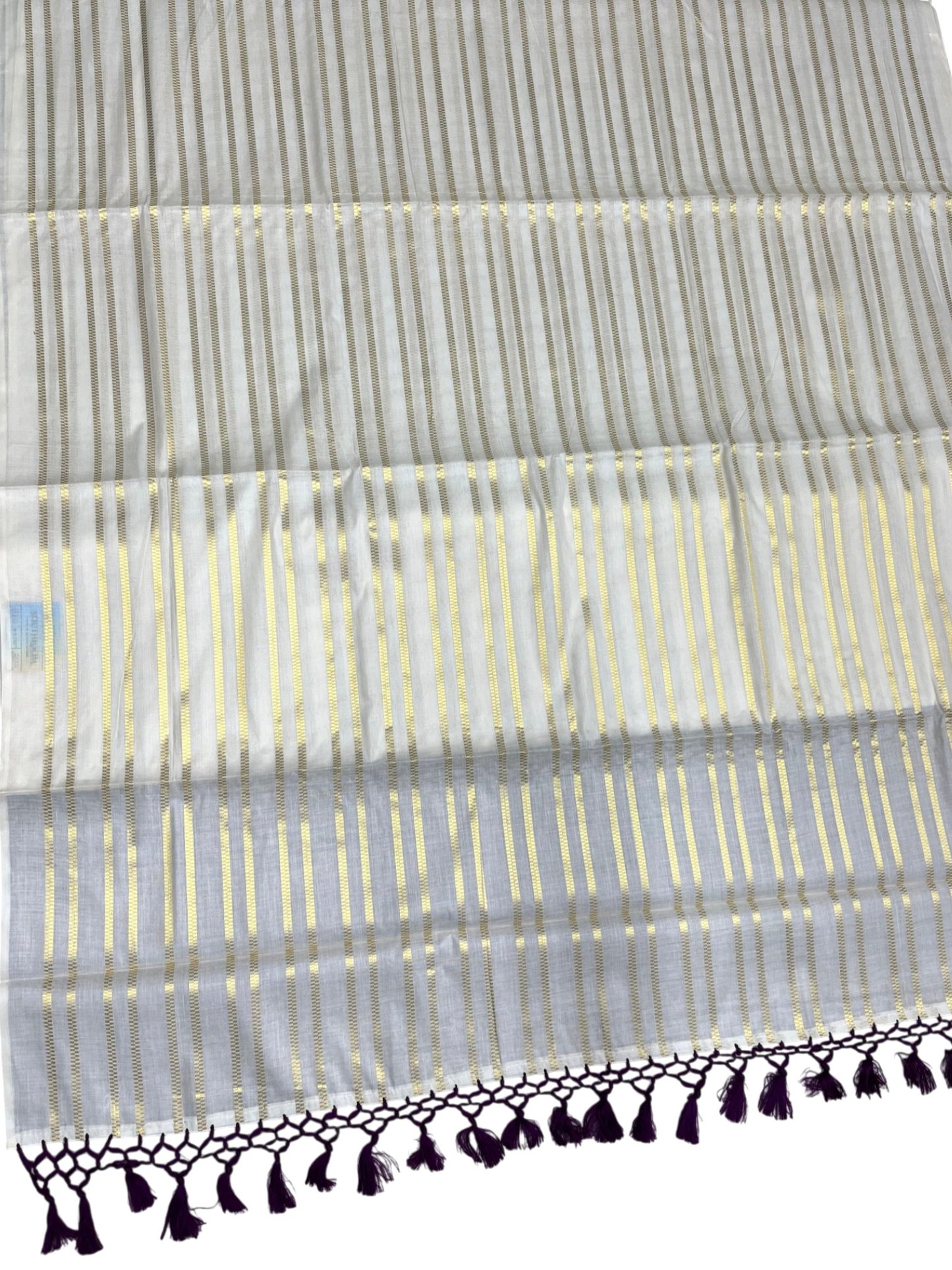 Southloom Cotton Kerala Kasavu Saree with Stripes on Body and Purple Tussels