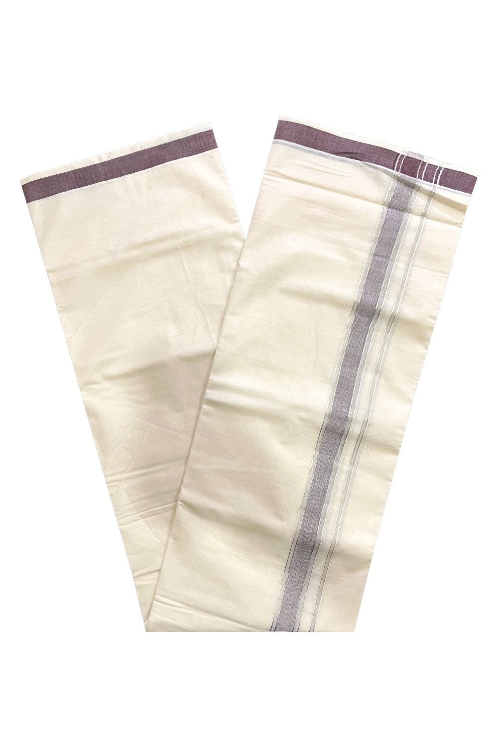 Pure Cotton Kerala Double Mundu with Silver Kasavu and Brown Border (South Indian Kerala Dhoti)