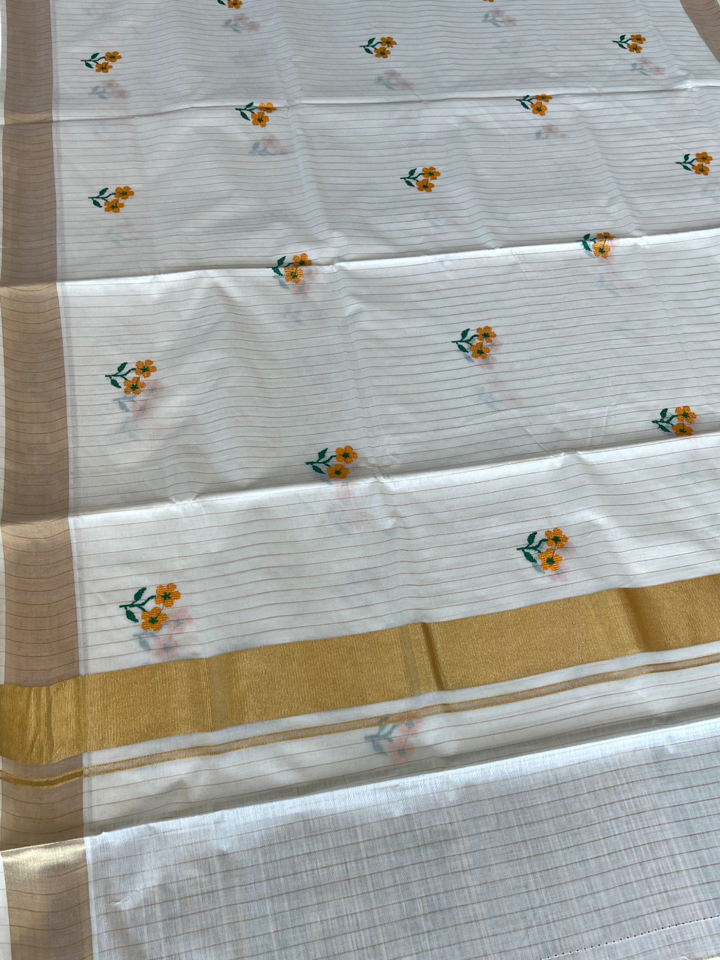 Southloom Kerala Cotton Kasavu Stripes Saree with Yellow Floral Embroidery Work