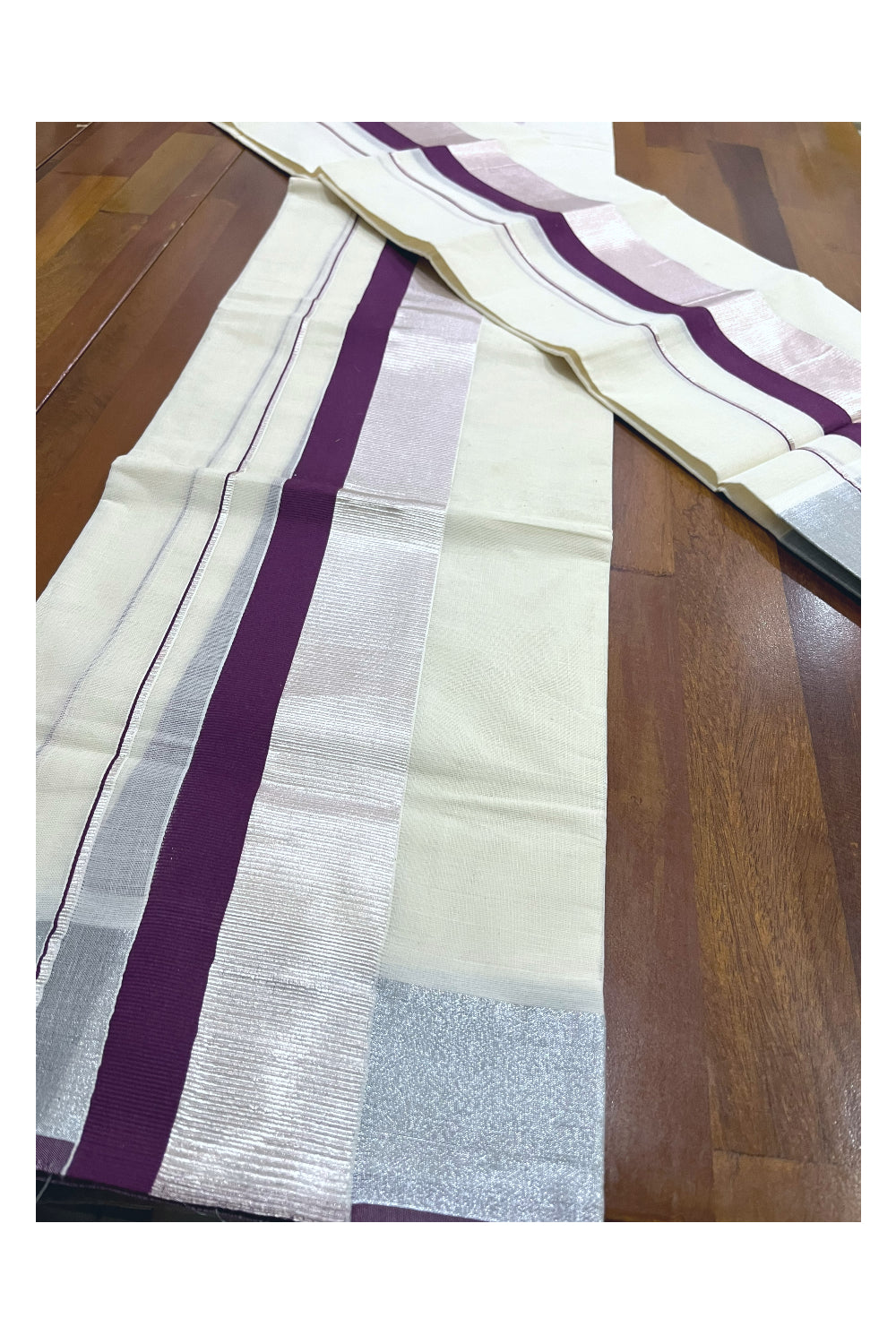 Cotton Set Mundu (Mundum Neriyathum) with Purple and Silver Kasavu Border 2.80 Mtrs