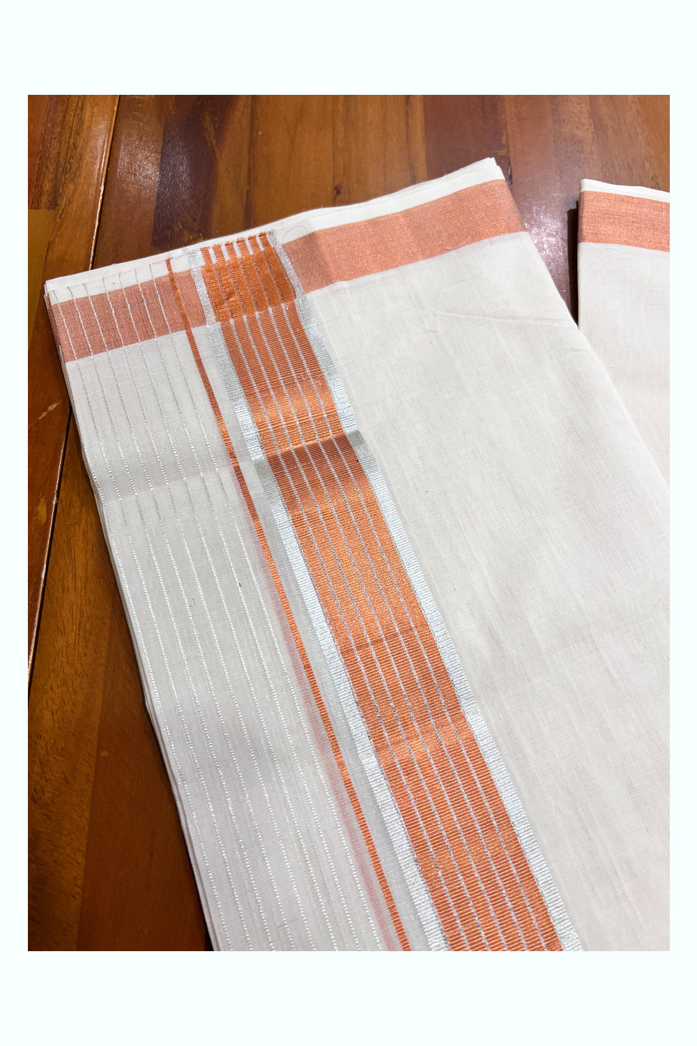 Southloom Premium Balaramapuram Unakkupaavu Handloom Silver and Copper Kasavu Mundu with Kasavu Lines (South Indian Kerala Dhoti)