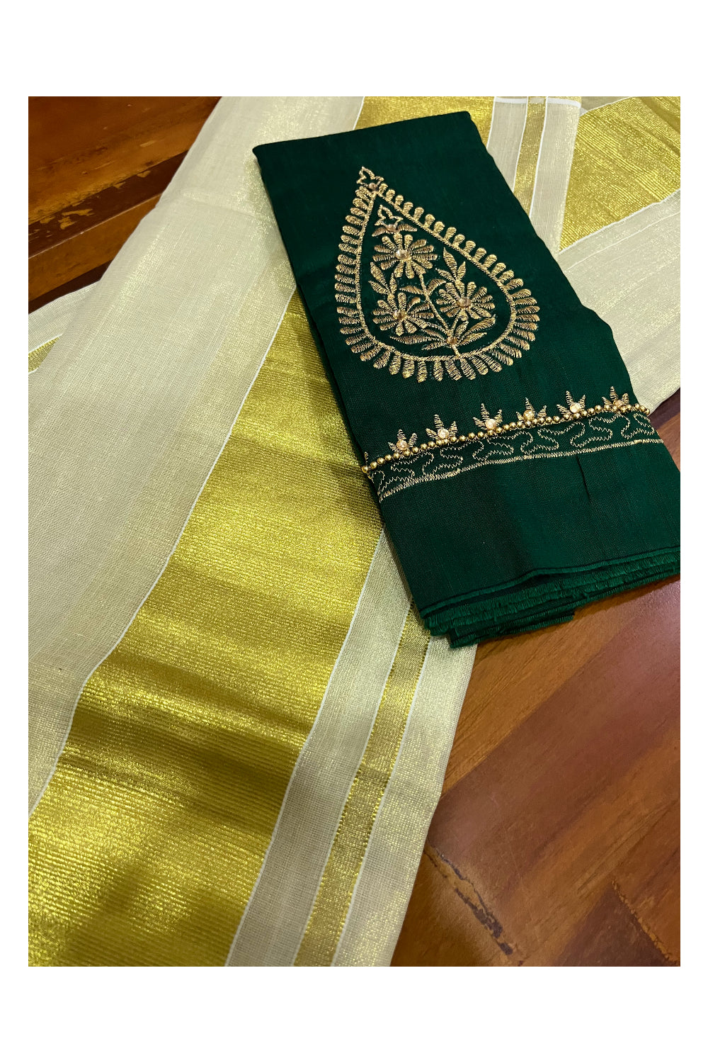 Kerala Tissue Kasavu Set Mundu (Mundum Neriyathum) with Handwork Embroidery Design and Green Blouse Piece