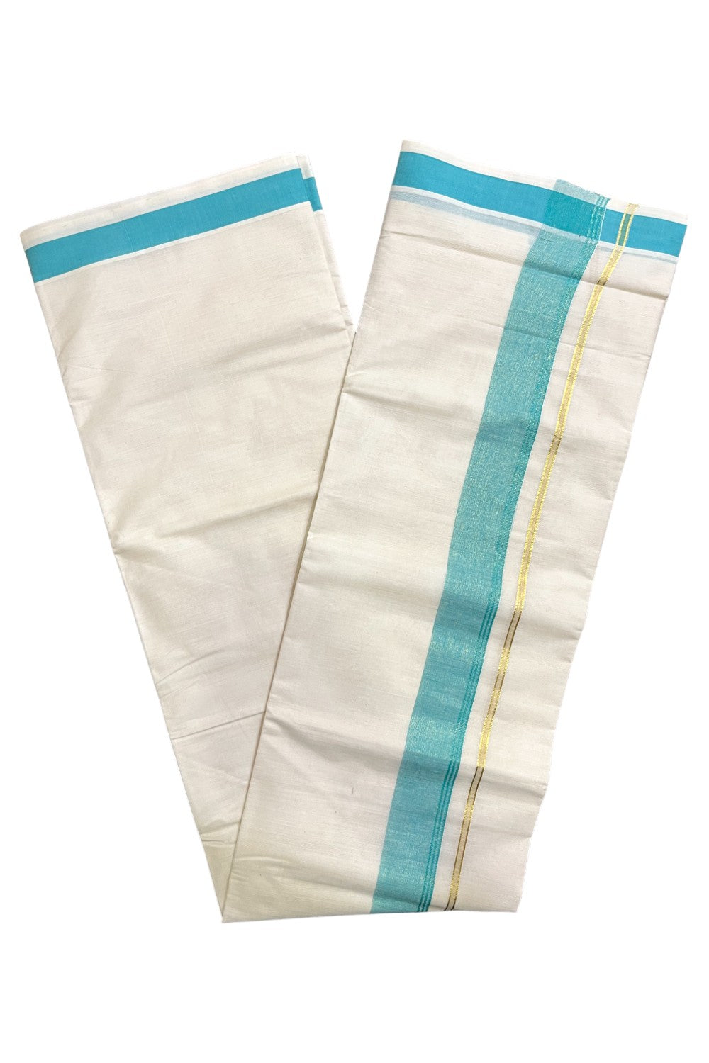 Kerala Pure Cotton Double Mundu with Turquoise and Kasavu Border (South Indian Kerala Dhoti)