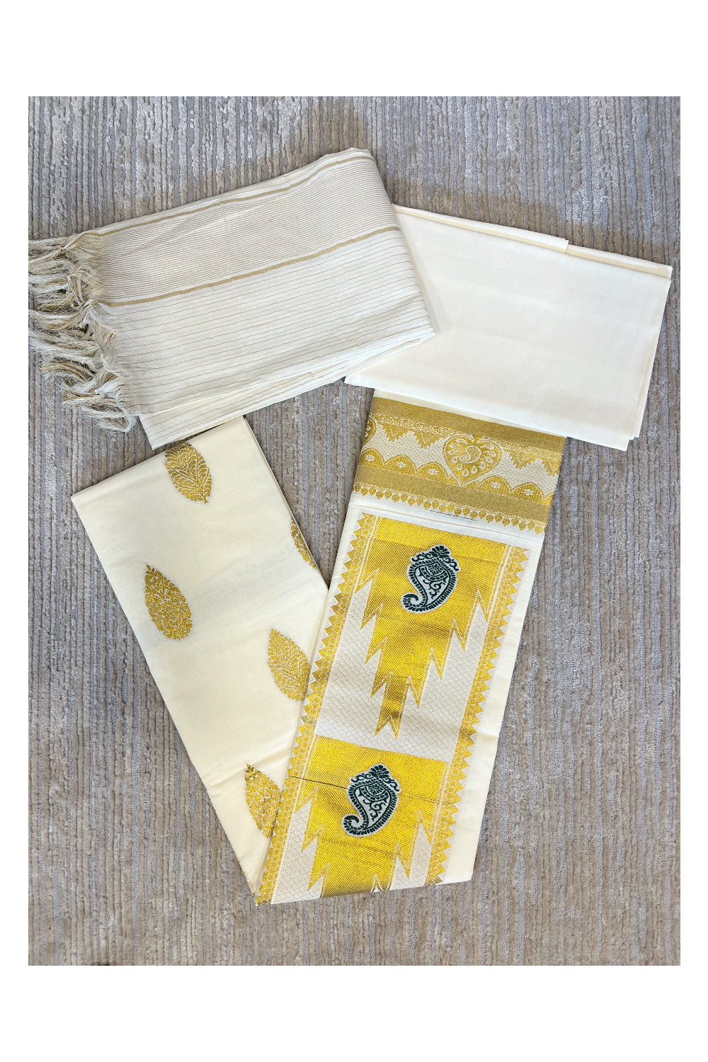 Southloom™ Cotton Churidar Salwar Suit Material with Gold And Green Woven Work (include Lines Shawl / Dupatta)