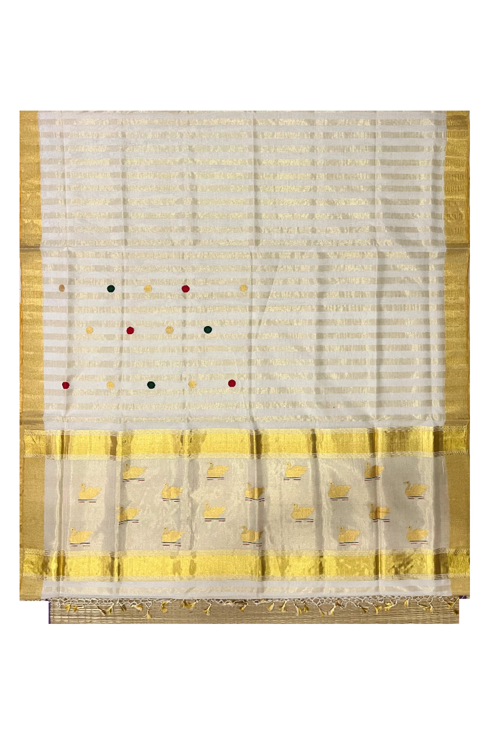 Southloom Super Premium Balaramapuram Unakkupaavu Handloom Saree with Woven Swan Pallu and Polka Dots on Body