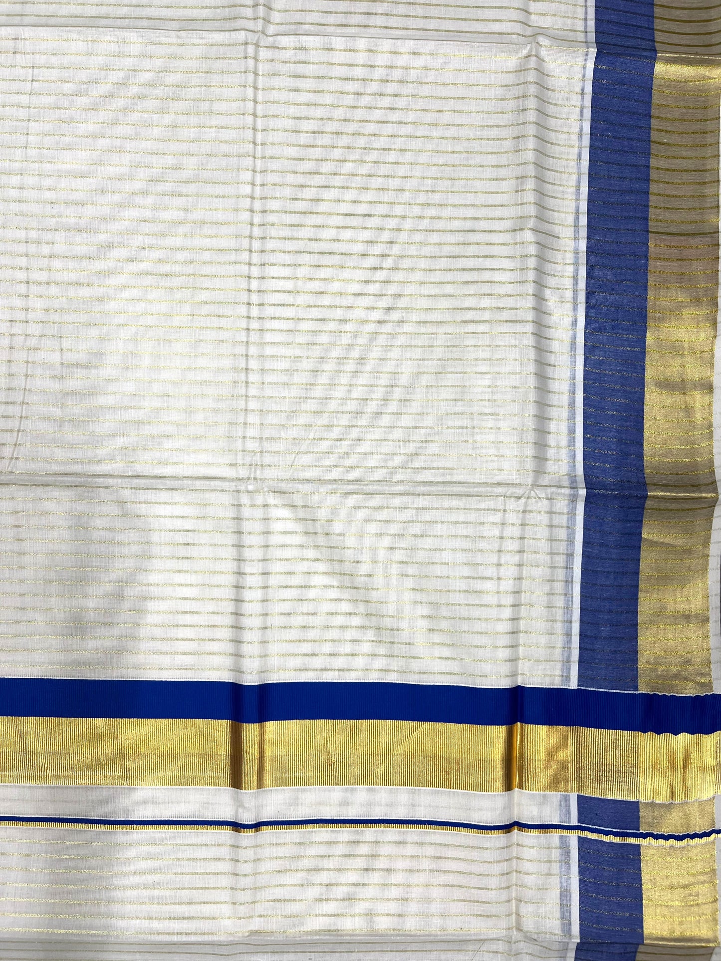 Southloom Pure Cotton Kerala Saree with Gold Kasavu Lines Across Body and  Blue Border