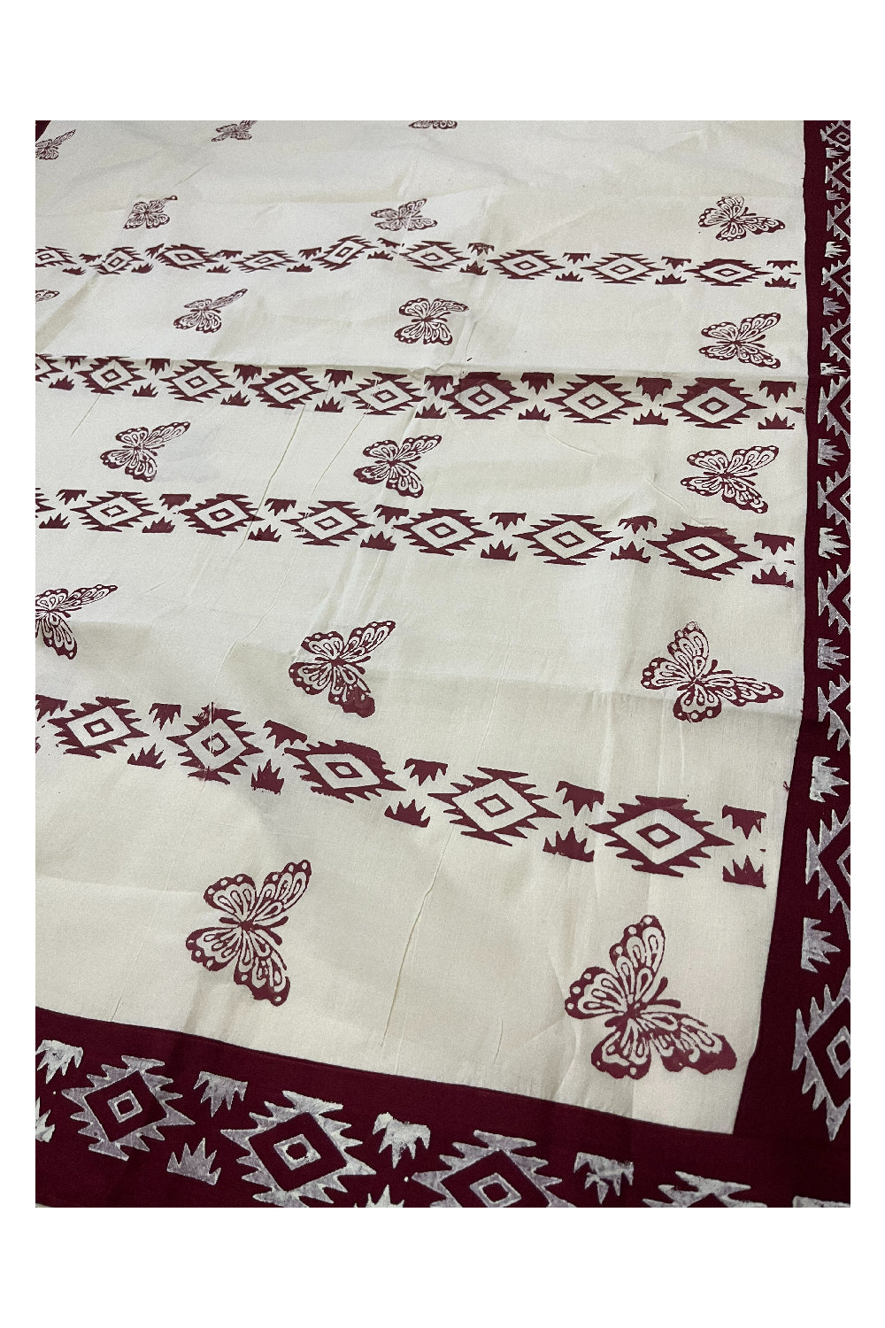 Pure Cotton Onam 2023 Kerala Saree with Hand Block Maroon Butterfly Batik Prints