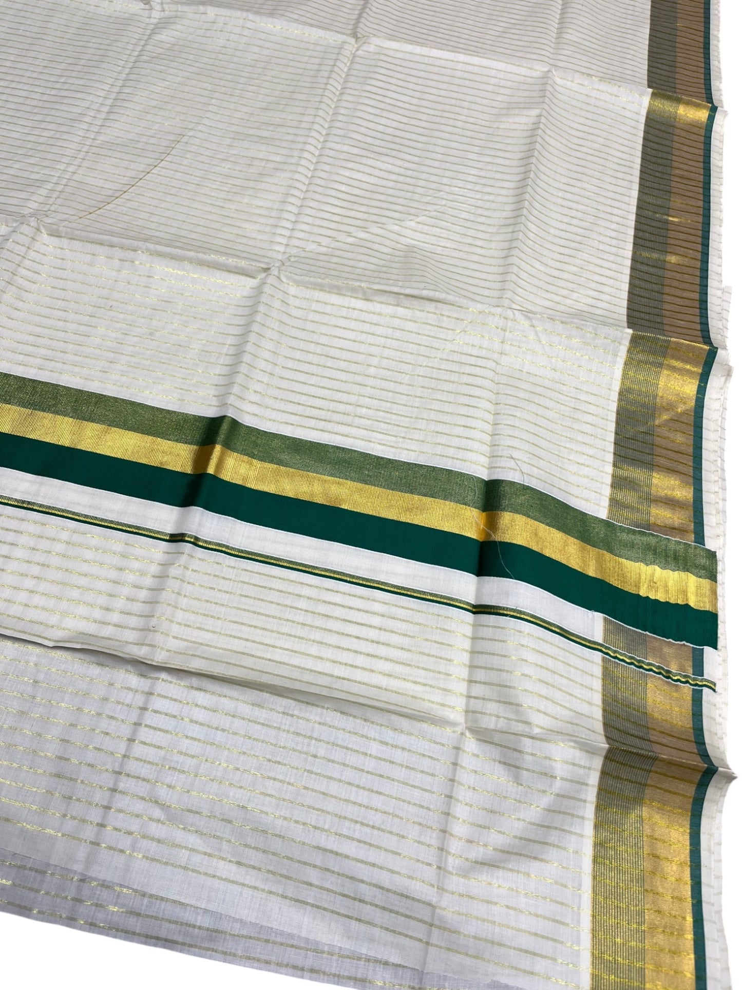 Southloom Pure Cotton Kerala Kasavu Lines Saree with Green and Kasavu Border