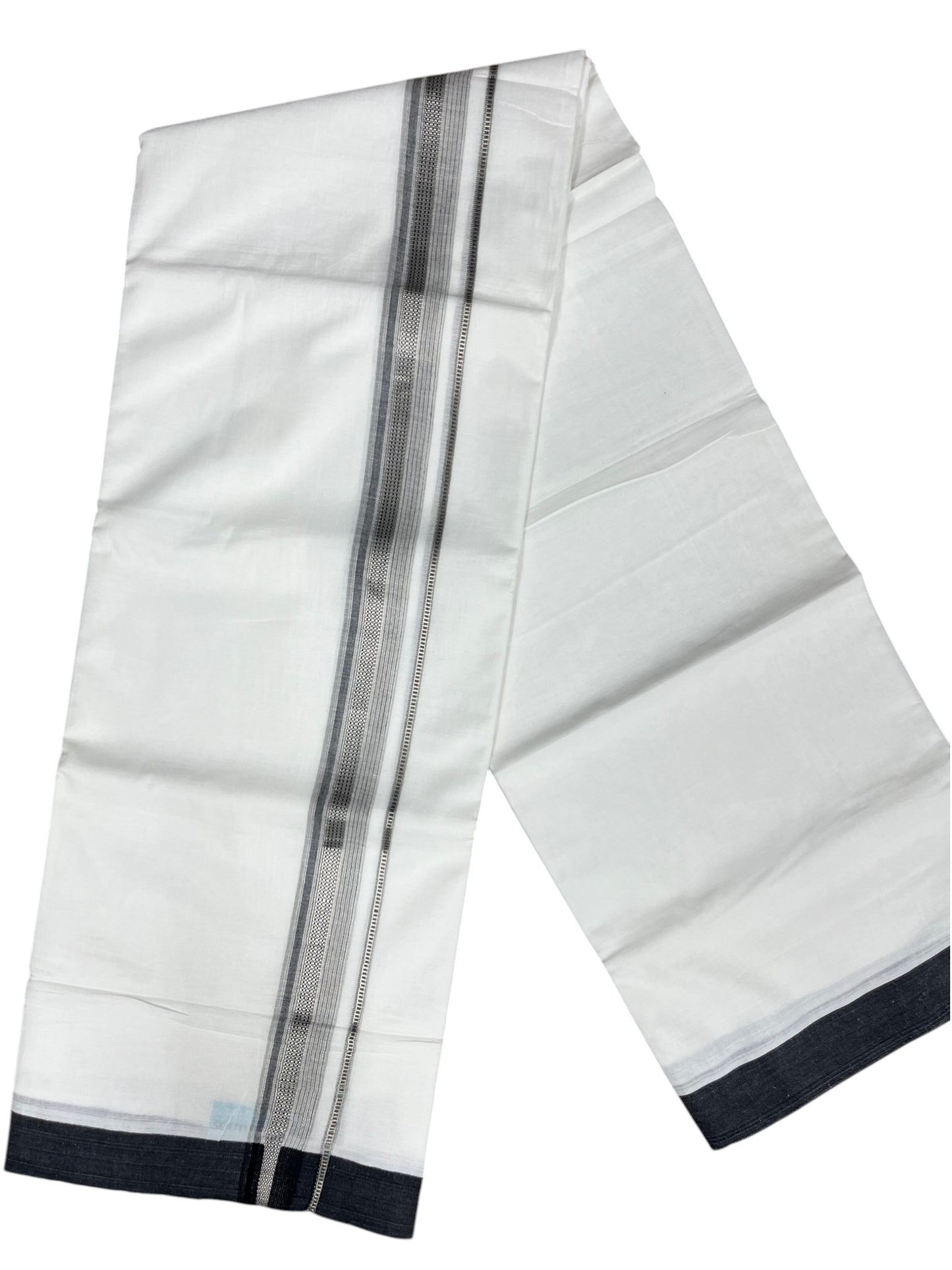 Southloom Pure White Cotton Mundu with Black & Silver Line Border (South Indian Kerala Dhoti)