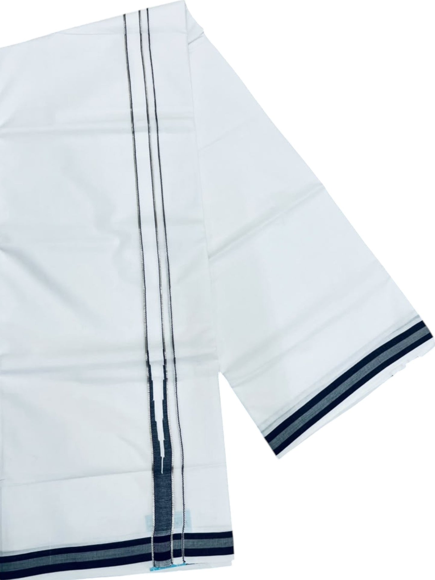 Southloom Pure White Cotton Double Mundu with Silver and Black Chutti Kara (South Indian Dhoti)