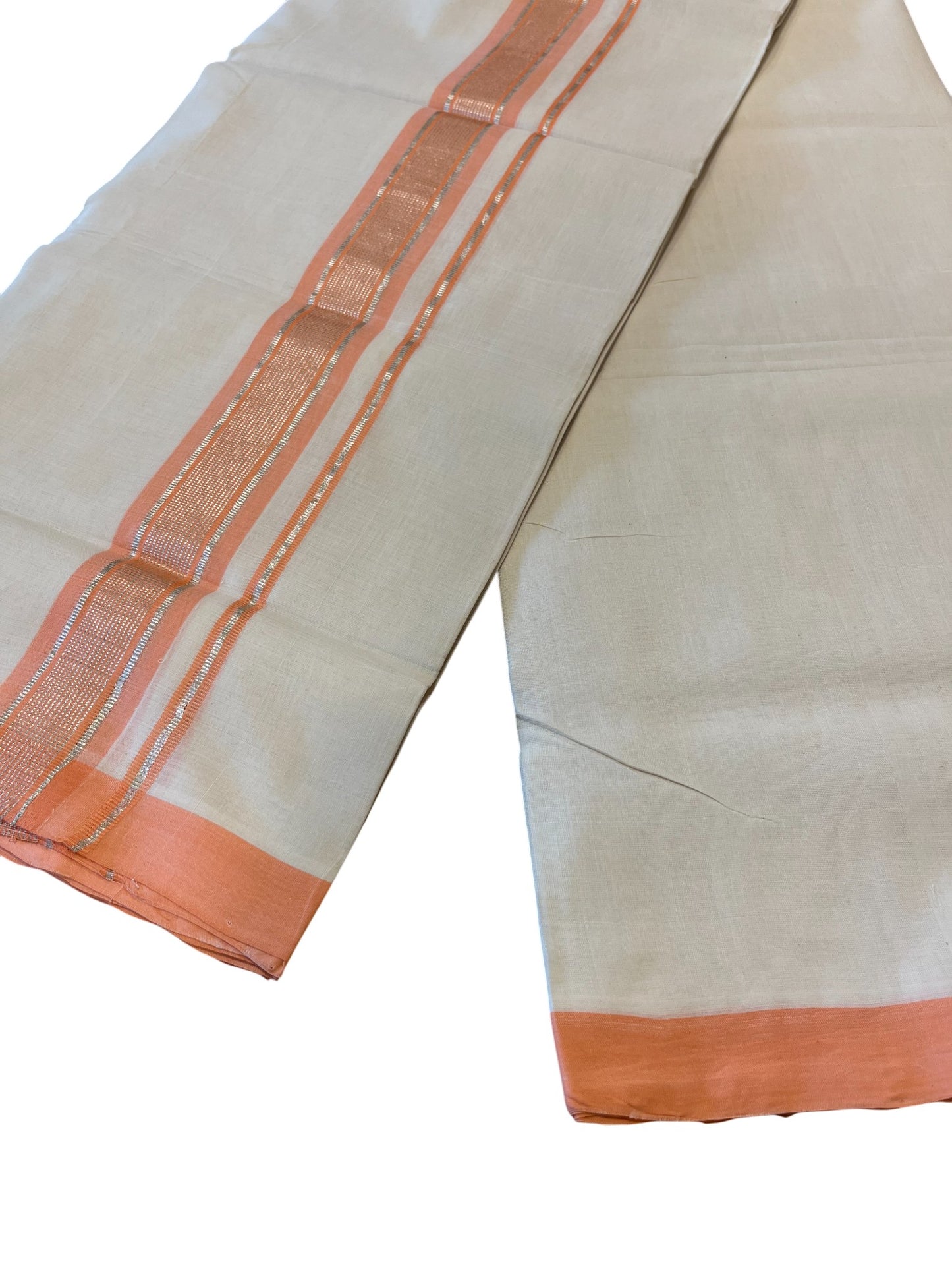 Southloom Premium Handloom Cotton Double Mundu with Silver and Peach Chutti Kara Border
