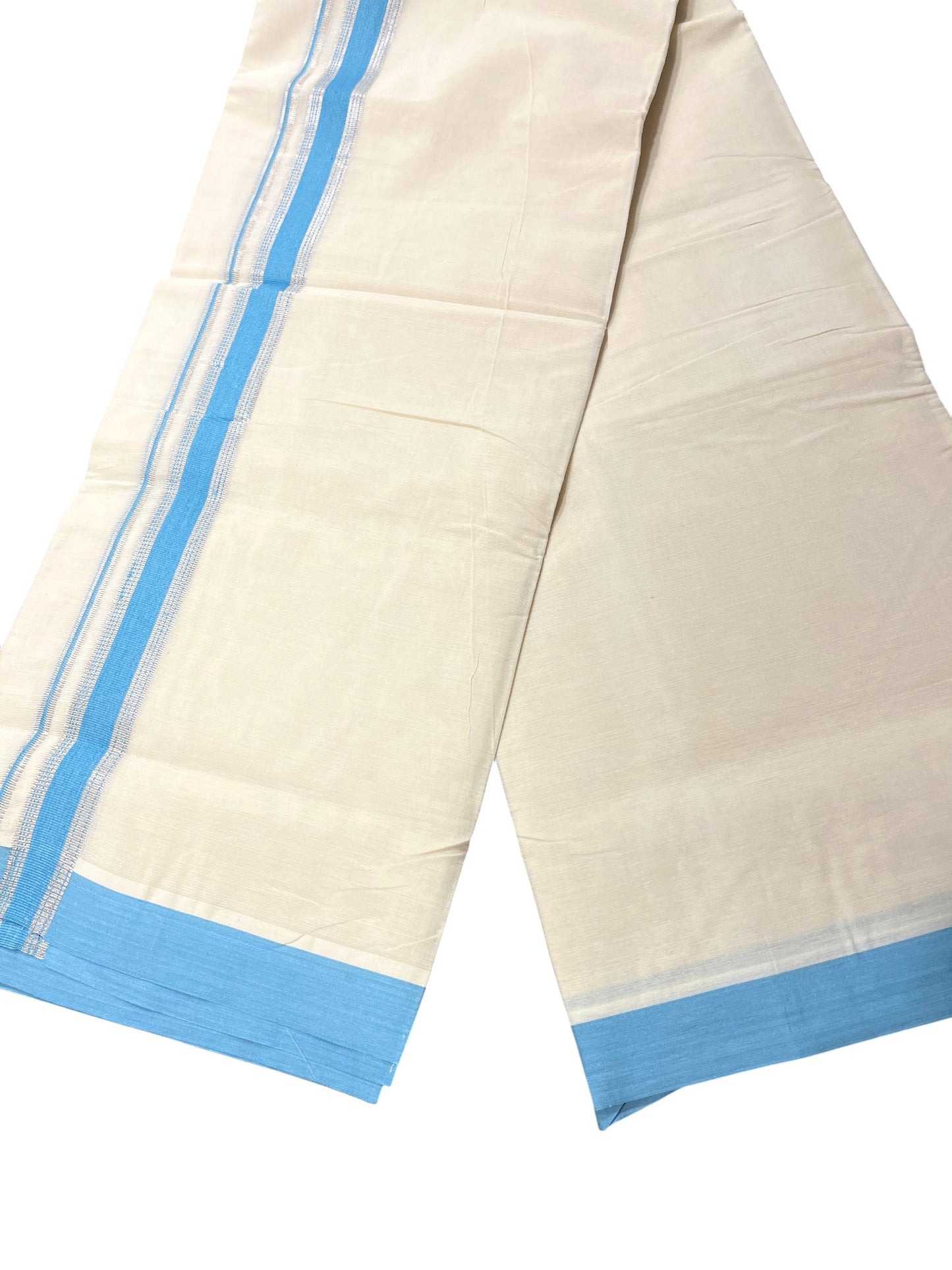 Southloom Kerala Pure Cotton Double Mundu with Silver Lines & Blue Border (South Indian Dhoti)
