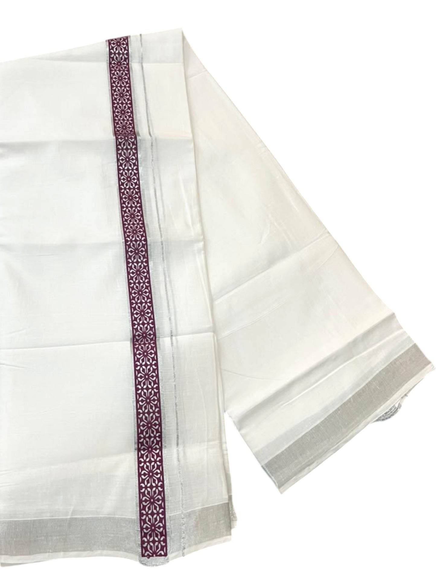 Southloom Pure White Cotton Mundu with Purple and Silver Kasavu Border (South Indian Kerala Dhoti)
