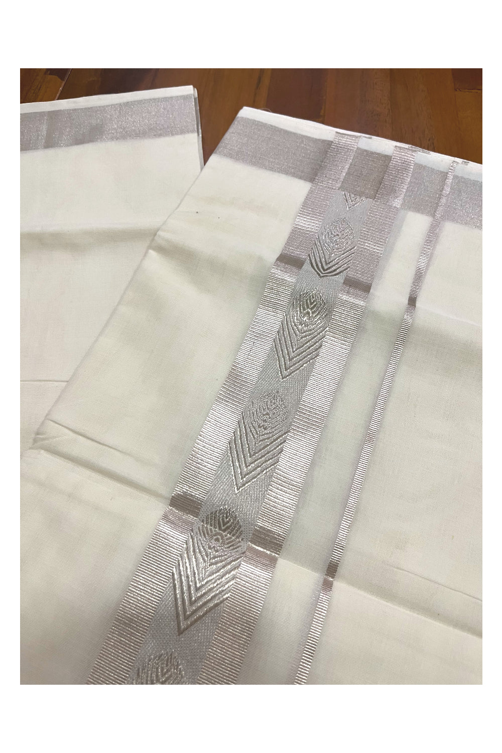 Southloom Premium Handloom Pure Cotton Mundu with Silver Kasavu Woven Border (Onam Mundu 2023)