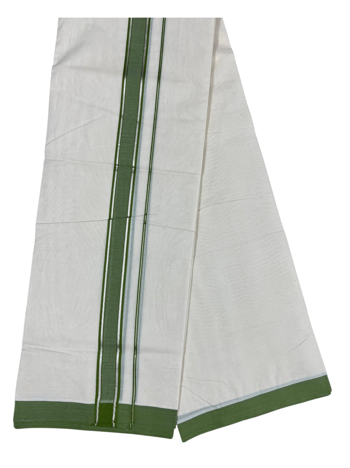 Southloom Pure Cotton Mundu with Silver Lines and Green Border (South Indian Kerala Dhoti)