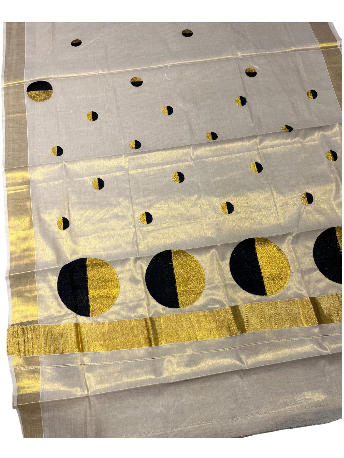 Southloom Kerala Tissue Kasavu Saree With Black Polka Dots Embroidery on Body