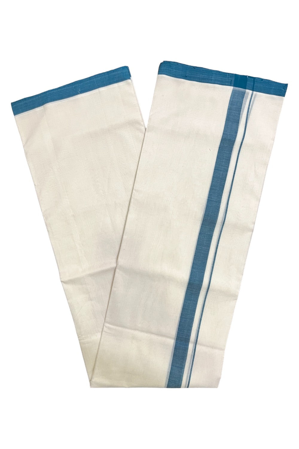 Premium Balaramapuram Handloom Unakkupaavu Cotton Double Mundu with Teal Green Border (Vishu 2024 Collection)