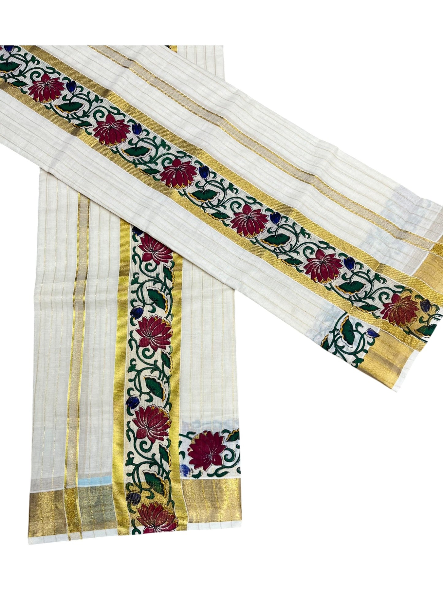 Southloom Cotton Lines Single Set Mundu (Mundu Neriyathum) With Maroon Floral Print And Gold Border Kasavu in 2.80 Mtrs
