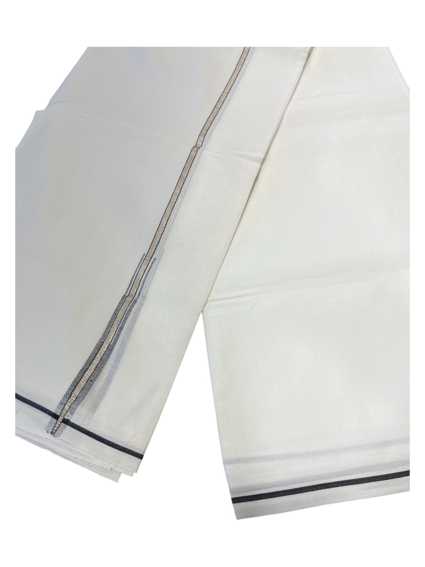 Pure White Cotton Double Mundu with Silver and Black Chutti Kara (South Indian Dhoti)
