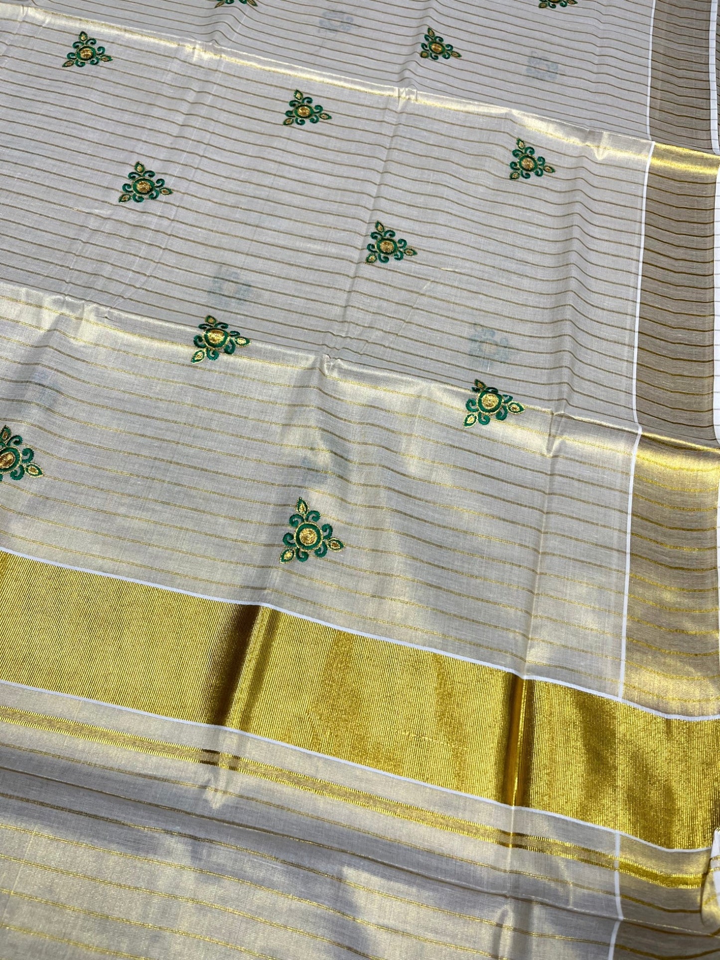 Southloom Tissue Kerala Kasavu Lines Saree with Floral Embroidery Design in Green SL363