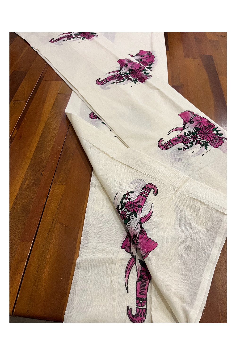 Cotton Kerala Single Set Mundu with Magenta Elephant Art Block Prints