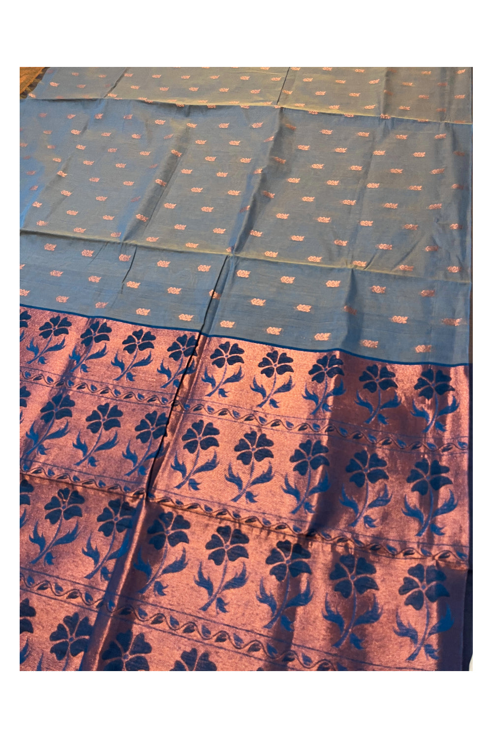 Southloom Cotto Grayish Blue Saree with Woven Butta Works on Body and Heavy Copper Work on Pallu