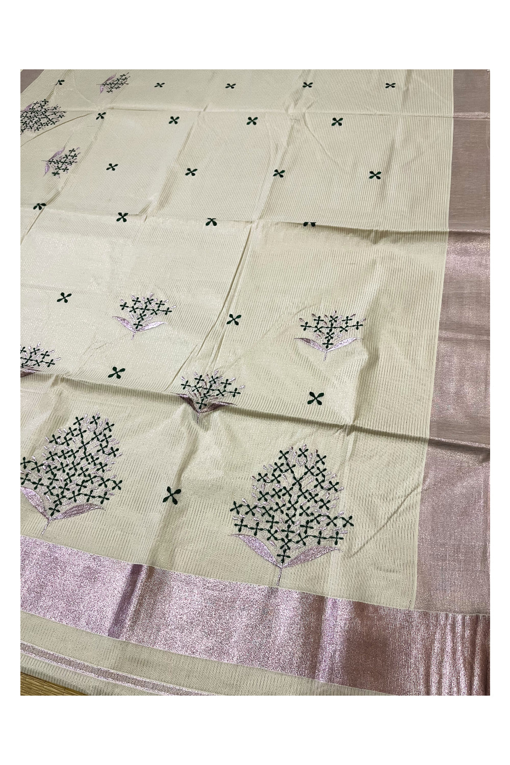 Kerala Cotton Rose Copper Kasavu Micro Lines Saree with Green Floral Embroidered Designs