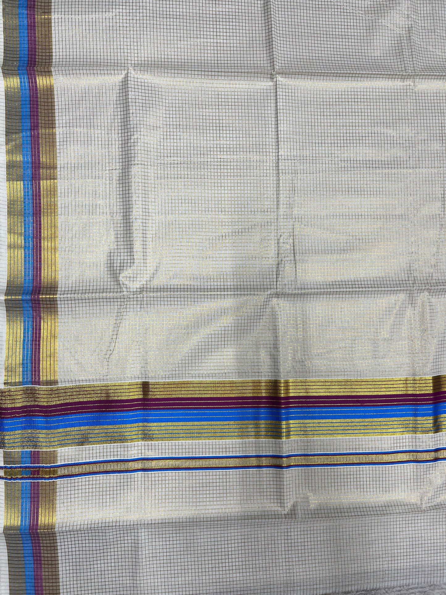 Southloom Kerala Cotton Kasavu Saree with Micro Check Design on Body in Blue & Purple Border