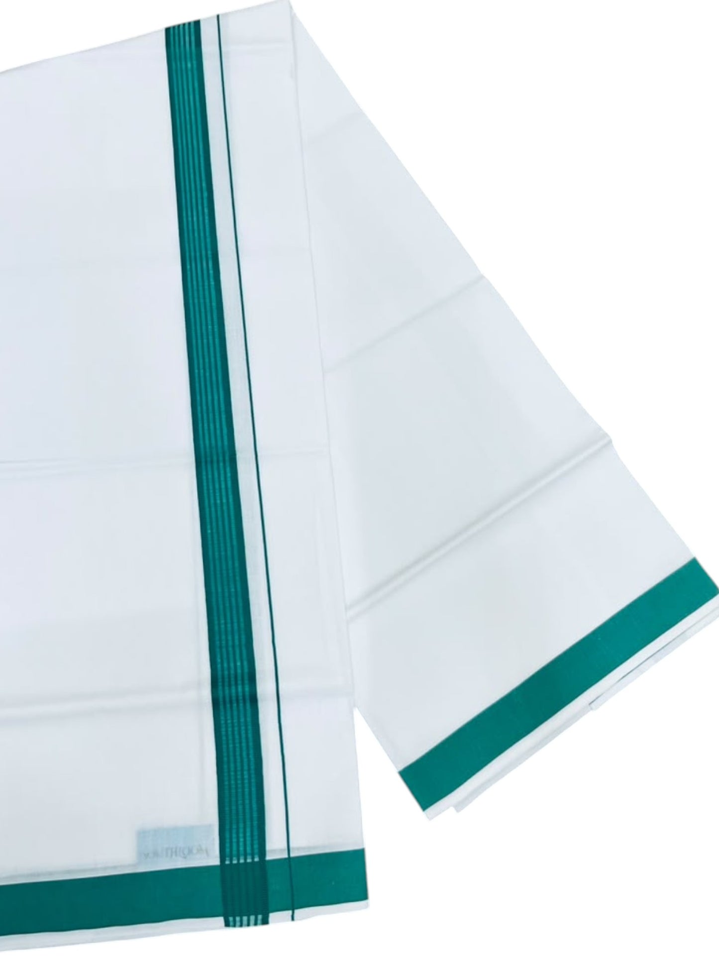 Southloom Pure White Single Cotton Mundu with Green Border (South Indian Kerala Dhoti)