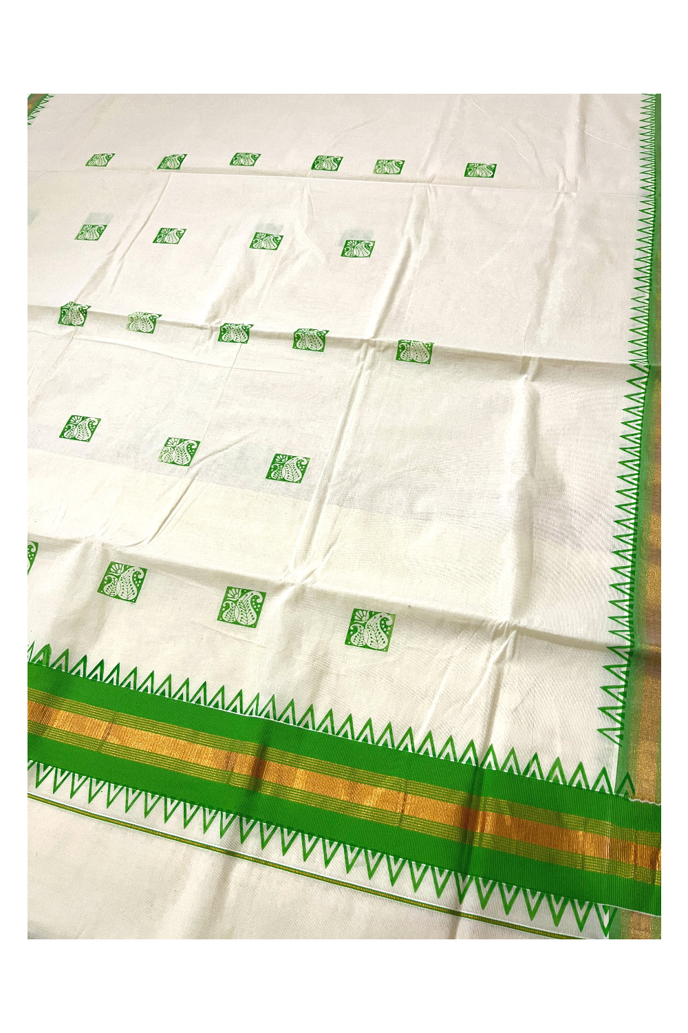 Pure Cotton Kerala Kasavu Saree with Green Temple Border and Block Prints on Body