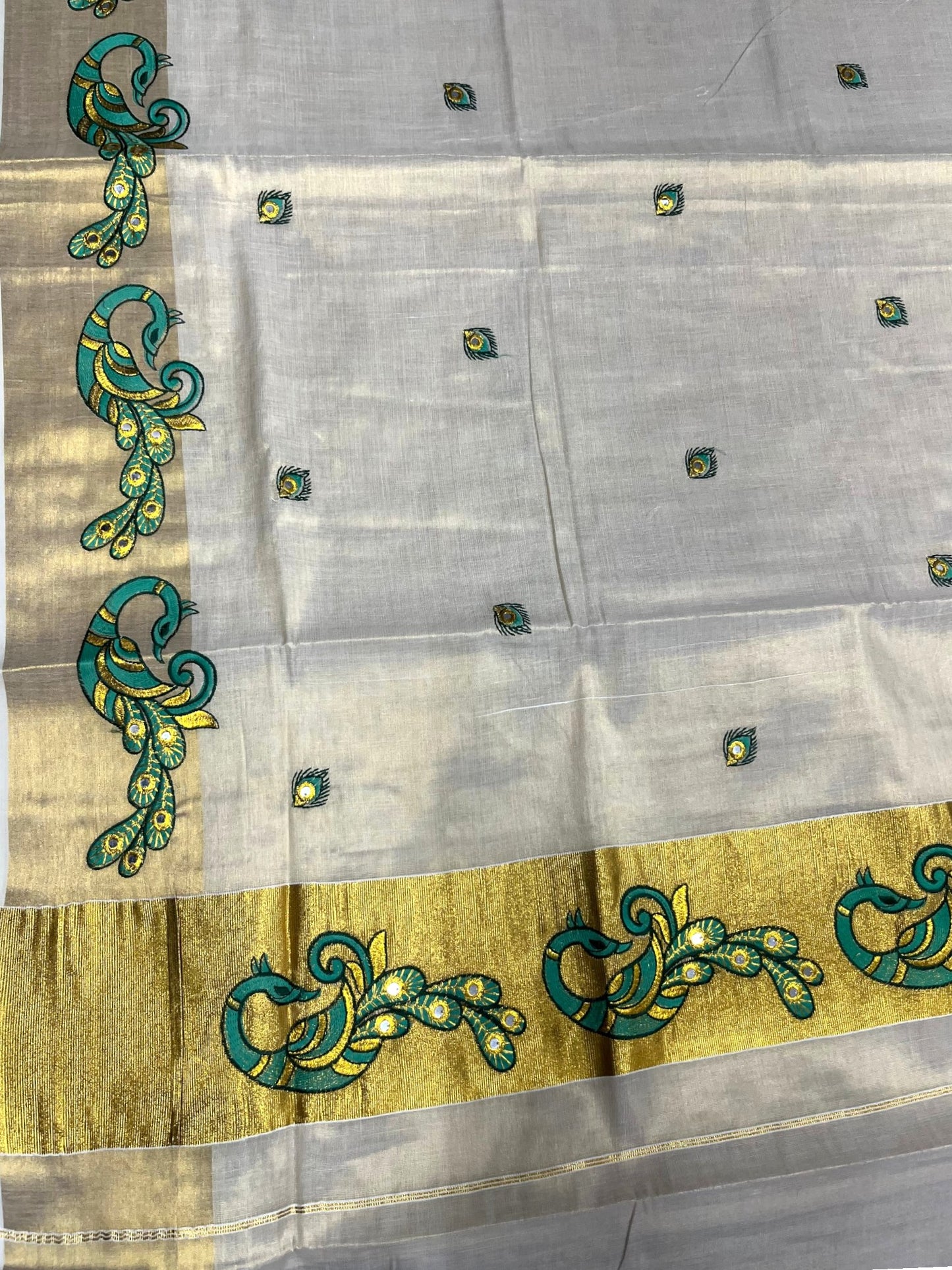 Southloom Kerala Tissue Kasavu Saree with Green Peacock Embroidery Design