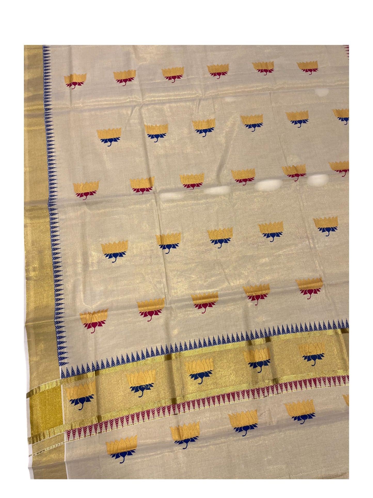 Southloom Kerala Tissue Kasavu Saree with Lotus Hand Printed Work in Blue&Maroon