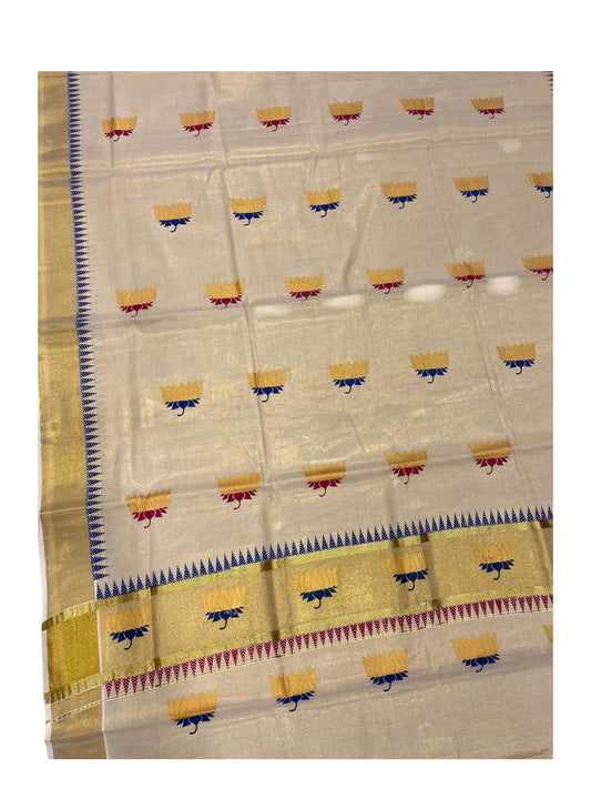 Southloom Kerala Tissue Kasavu Saree with Lotus Hand Printed Work in Blue&Maroon