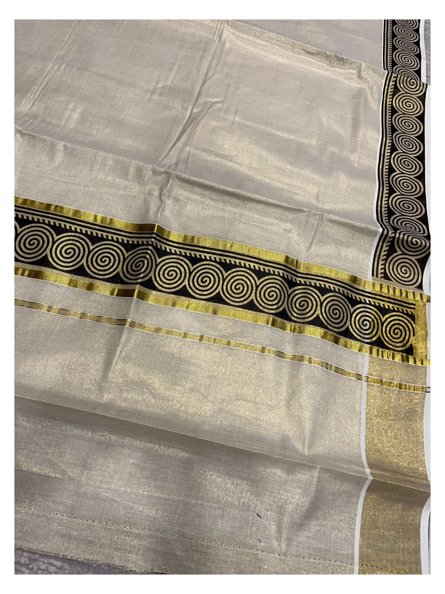 Southloom Kerala Tissue Kasavu Plain Saree Black Hand Printed