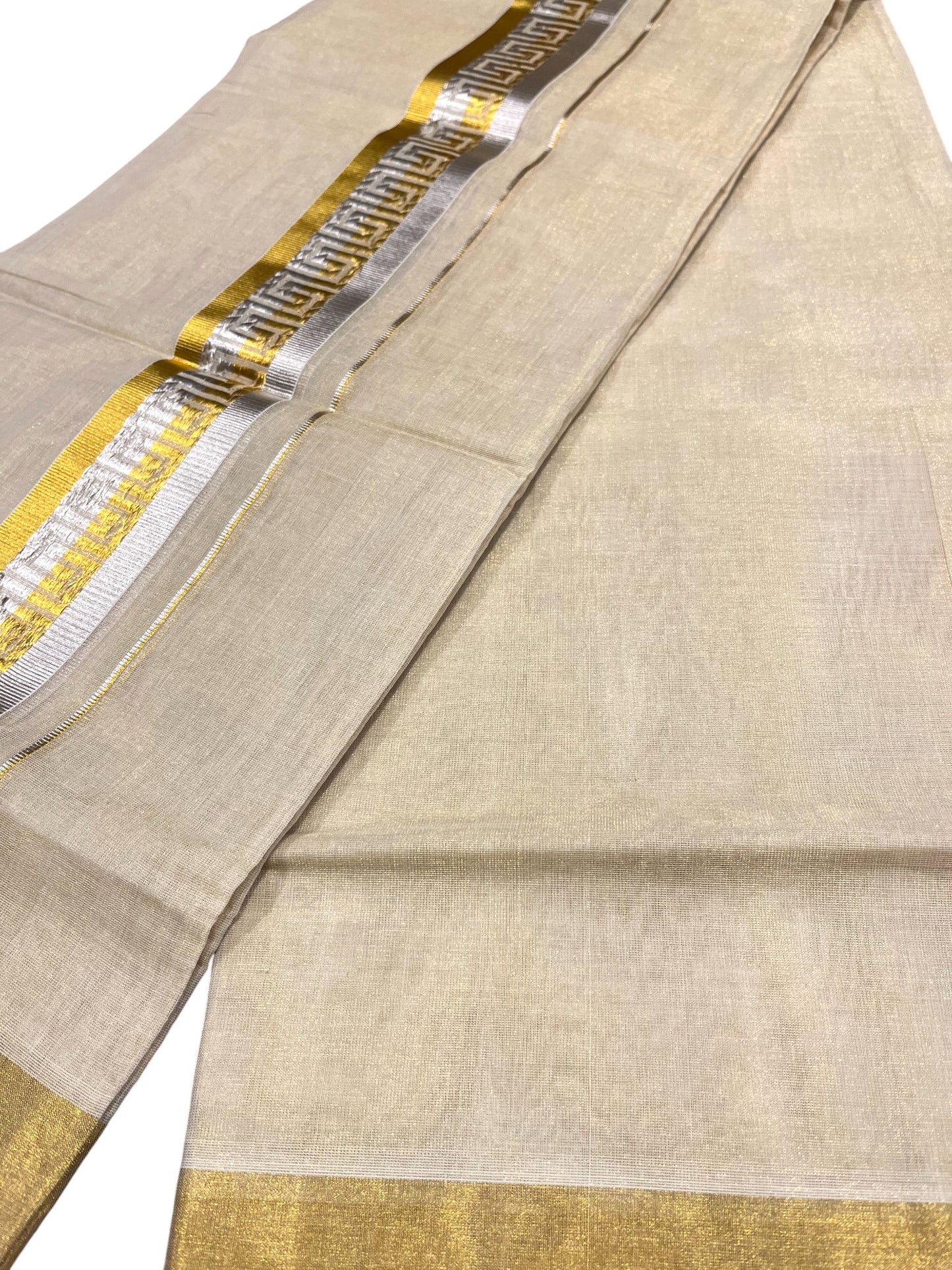 Southloom Premium Handloom Tissue Double Mundu with Gold And Silver Kasavu Border