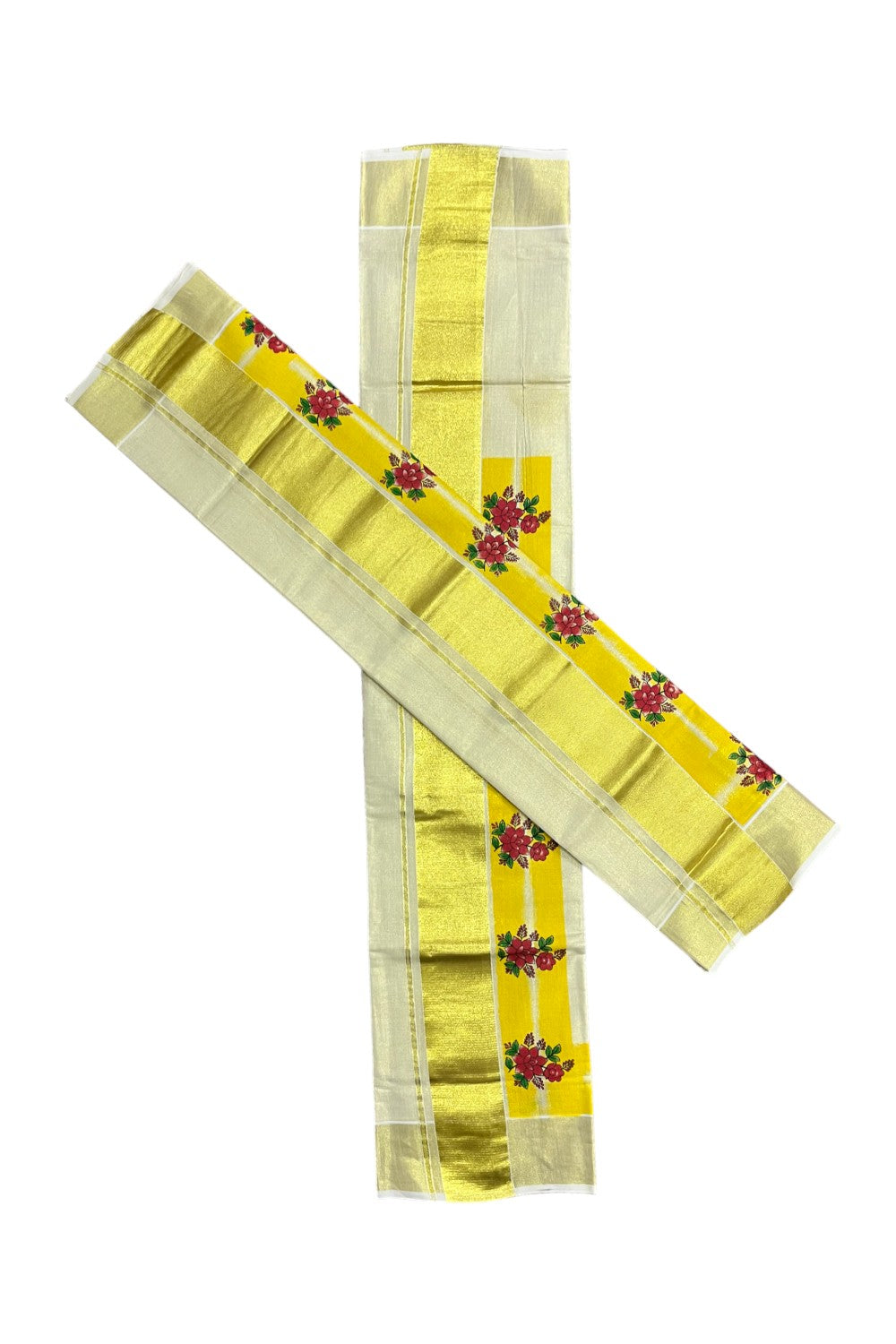 Kerala Tissue Single Set Mundu (Mundum Neriyathum) with Red Floral Block Prints in Yellow Border 2.80 Mtrs (Onam 2024 Collection)