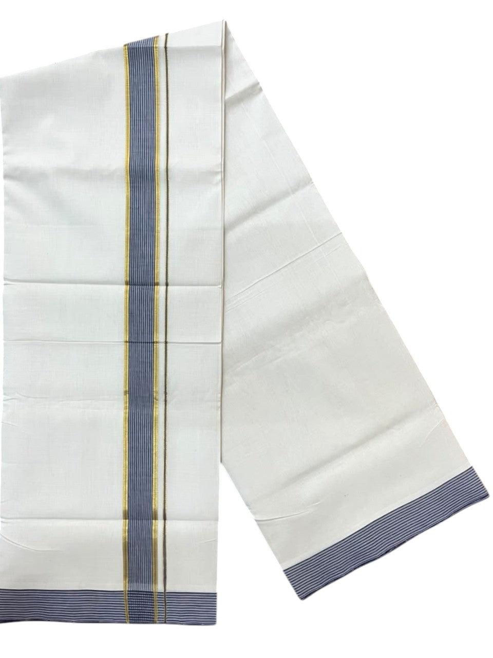 Southloom Balaramapuram Unakkupaavu Premium Handloom Cotton Double Mundu with Gold Kasavu and Blue Border