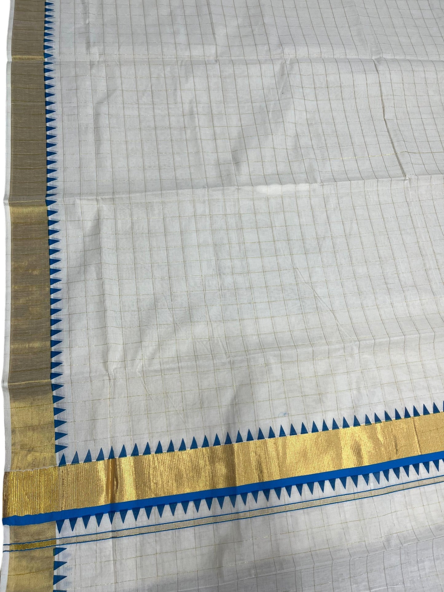 Southloom Cotton Kerala Kasavu Check Saree with Blue Temple Design Border