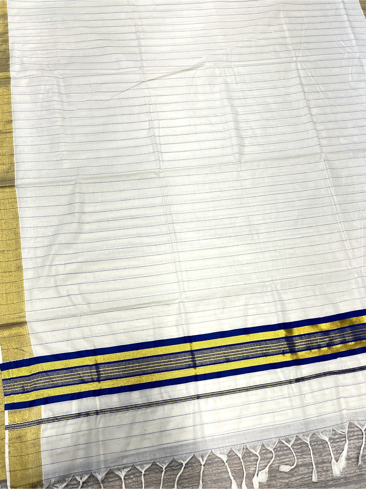 Southloom Kerala Cotton Kasavu Saree with Gold And Blue Lines on Body SL331