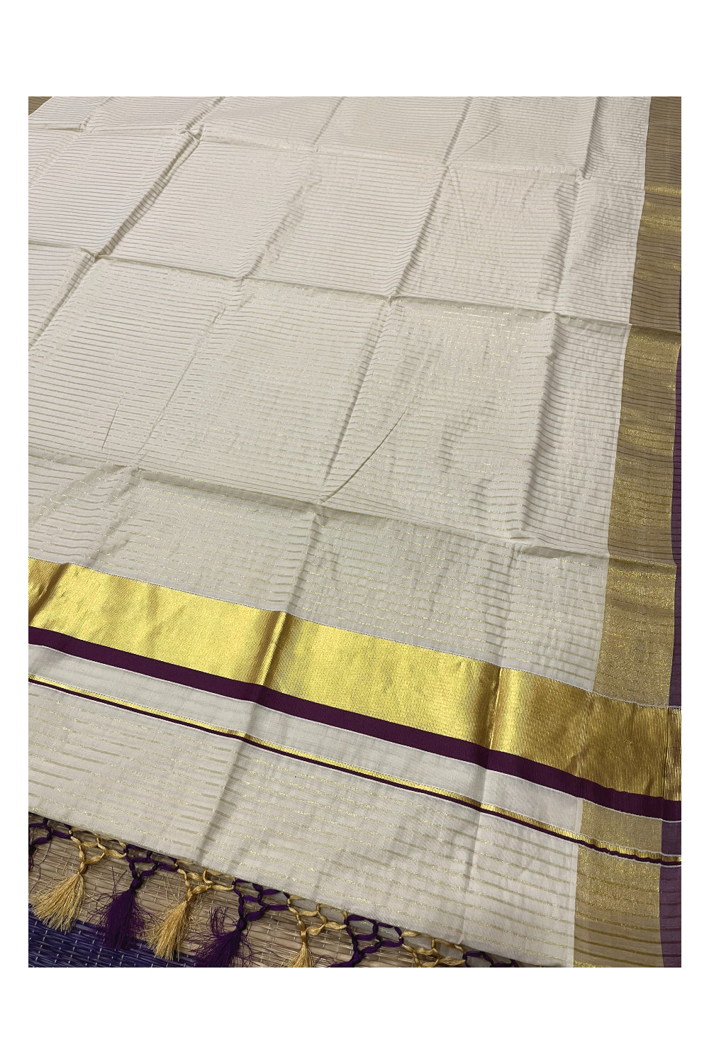 Pure Cotton Kerala Kasavu Lines Design Saree with Purple Border and Tassels Work (Onam Saree 2023)