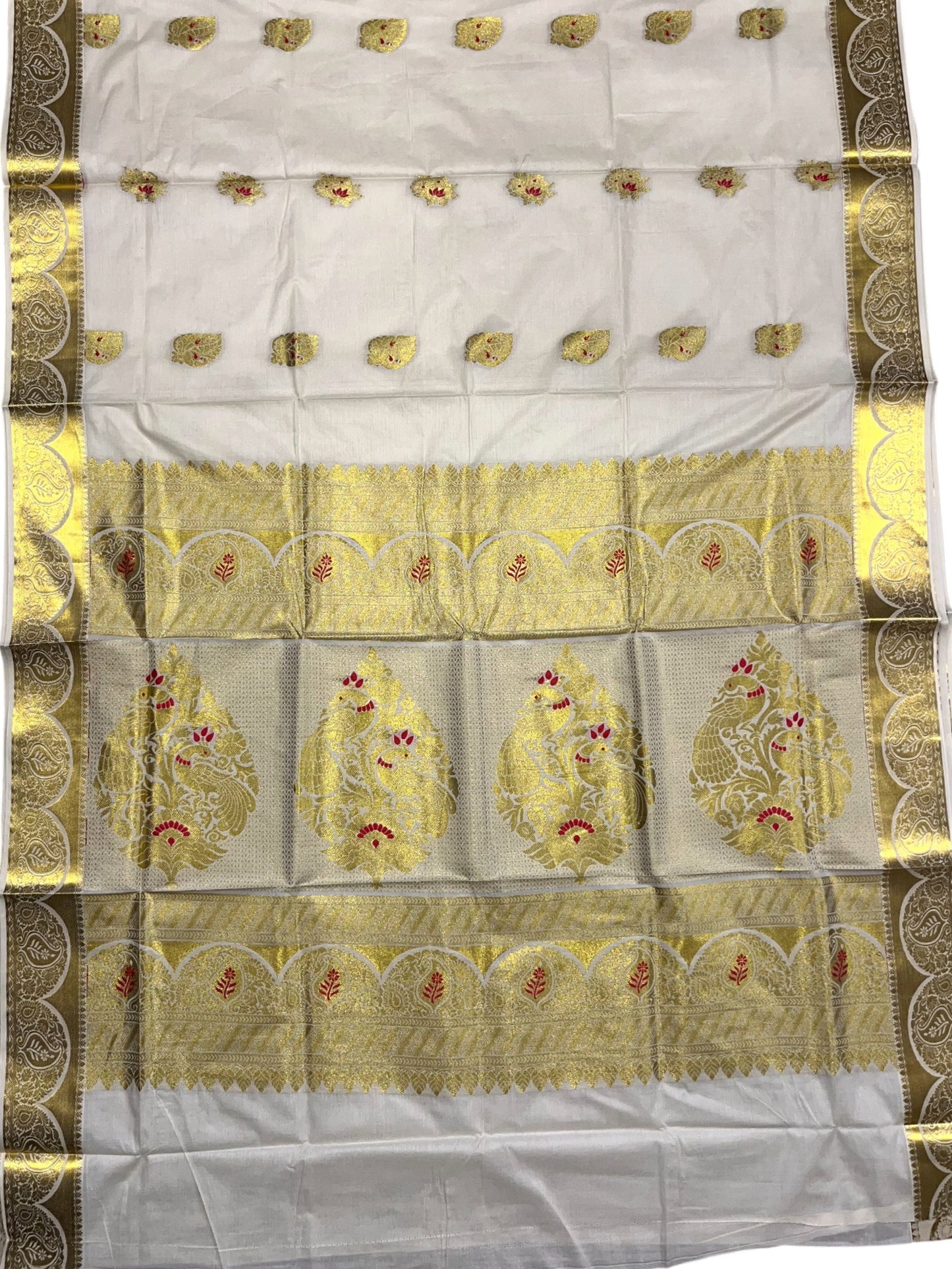 Southloom Cotton Kasavu Replica Saree with Red and Golden Works Across Body and Kasavu Border